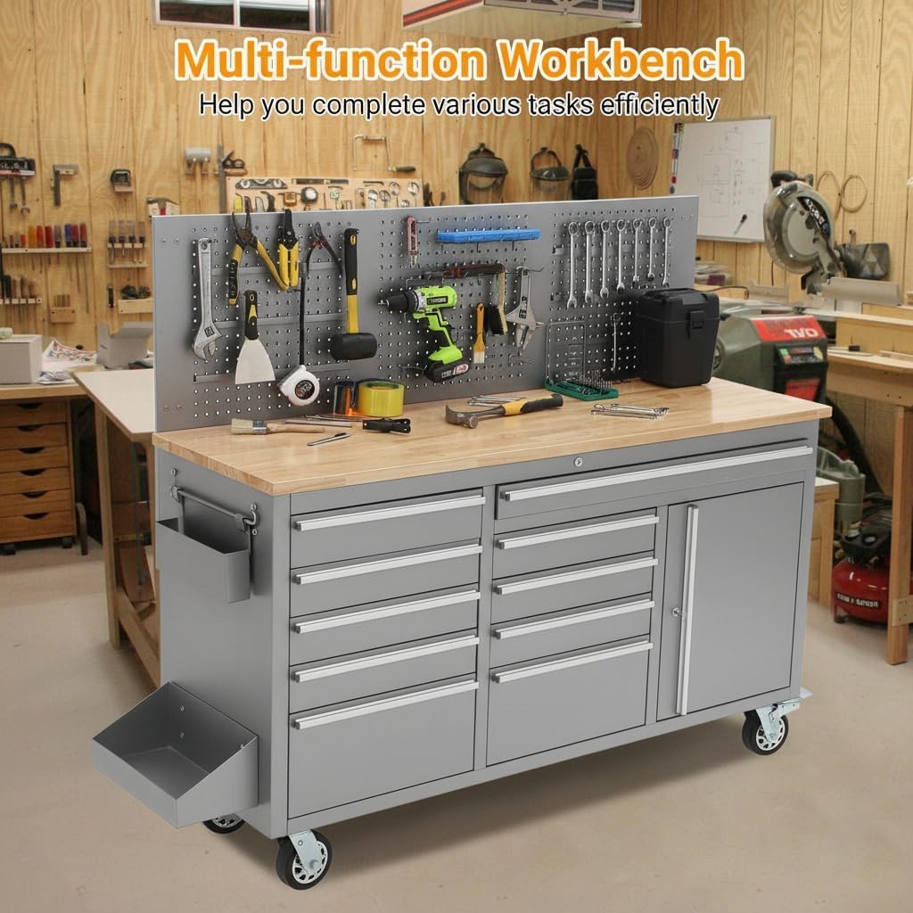 PeakPursuit 61' Rolling Tool Chest with 10 Drawers, Workbench Cabinet with Power Strip, Solid Rubber Wood Top, Pegboard, 1675 LBS Load, Mobile Heavy Duty Garage Storage, Locking Wheels, Silver
