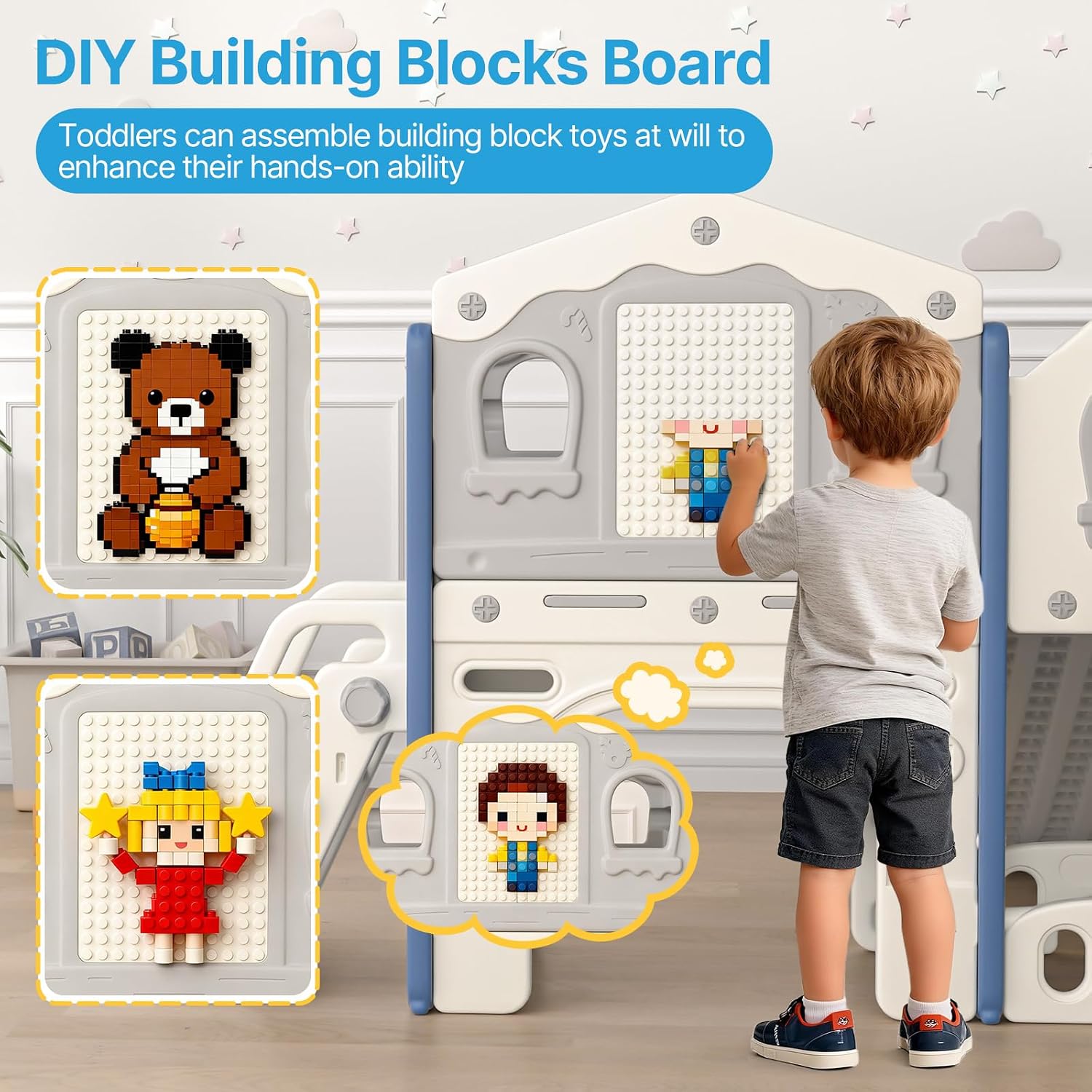 BIERUM 9 in 1 Toddler Slide Set - Baby Slide for Toddlers 1-3 with Colorful Lights, Drawing Board and Building Blocks Board, Indoor Outdoor Toddler Playset Playground, Blue Gray
