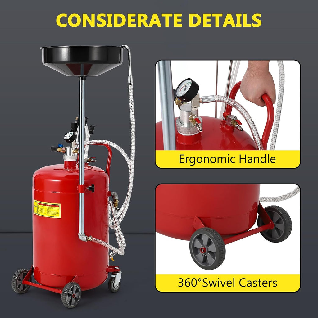 GarveeTech 20 gal Oil Drain Vacuum and Extractor, Pneumatic Oil Drainer, Air Operated Drainer for Oil Change, Portable Oil Drain Container, Oil Drain Tank with Adjustable Funnel