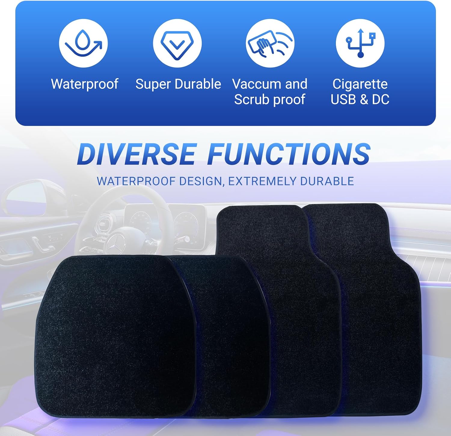 Starlight LED car Floor mat - Universal Type, Equipped with Remote Control Environment RGB Lighting kit, Waterproof and Washable, Vehicle Multi-Color Starlight Effect, Creating a Romantic Atmosphere
