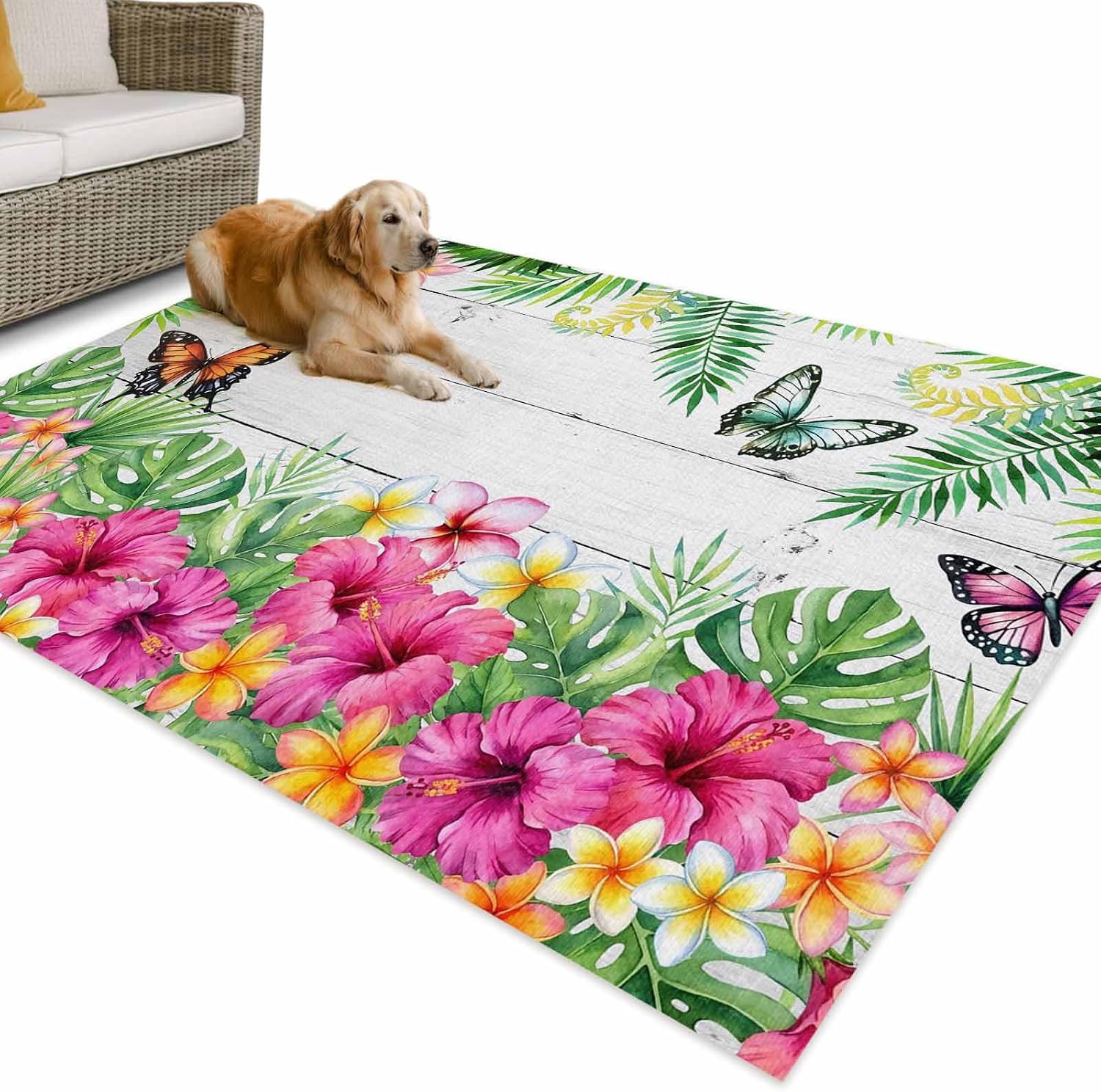Outdoor Rug 6x9ft Burmese Gardenia Flower Butterflies Patio Area Rugs Waterproof Easy Cleaning Non Shedding Thick Mats Purple Floral Art Carpet for Indoor Outdoor Porch Deck Backyard Balcony