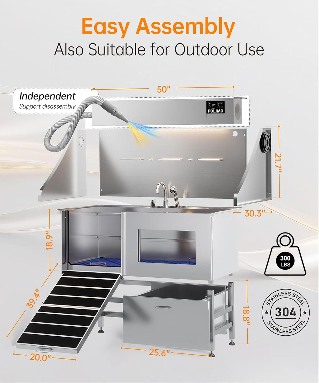 POLIMO Dog Washing Station with Built-in Pet Dryer and LED Display 50' (Left Ramp), 304 Stainless Steel Dog Bathtub for Large Medium Small Dogs, Wash and Dry Grooming Tub with Faucet, Storage Drawer