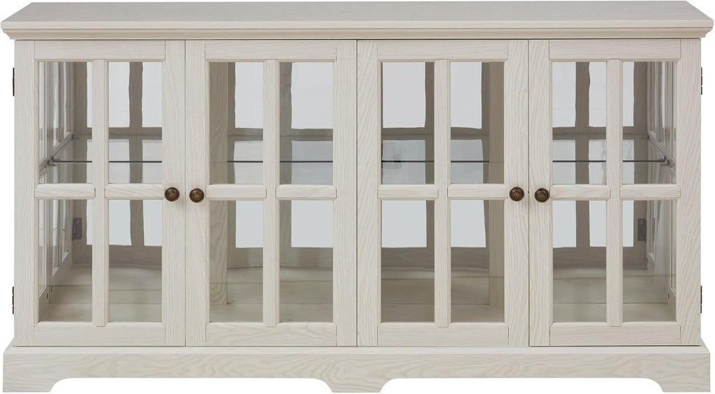 59' W LED Curio Cabinet with 7 Color Lights, Vintage Glass Display Case with Glass Doors, Smartphone-Controlled, Short Wooden China Cabinet with Adjustable Shelves for Living Room, Entryway (White)