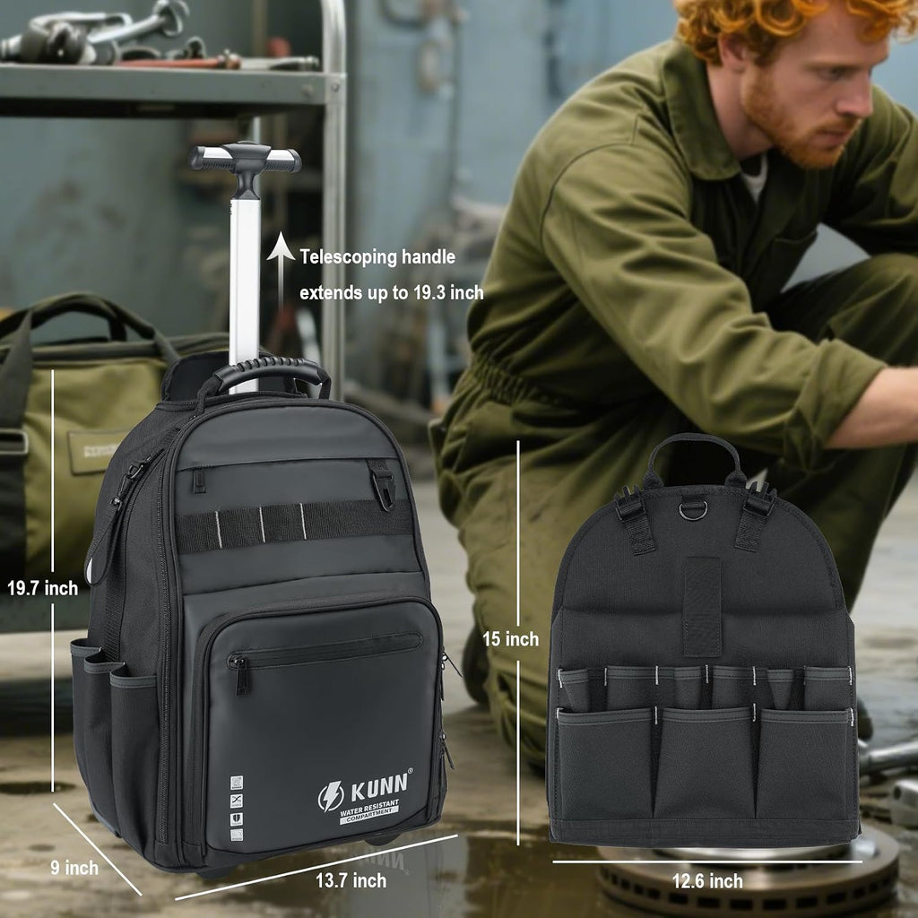 KUNN Rolling Tool Backpack with Wheels, Heavy Duty Waterproof Wheeled Tool Bag, 47 Pockets & Loops Work Backpack for Electrician Construction HVAC, Black