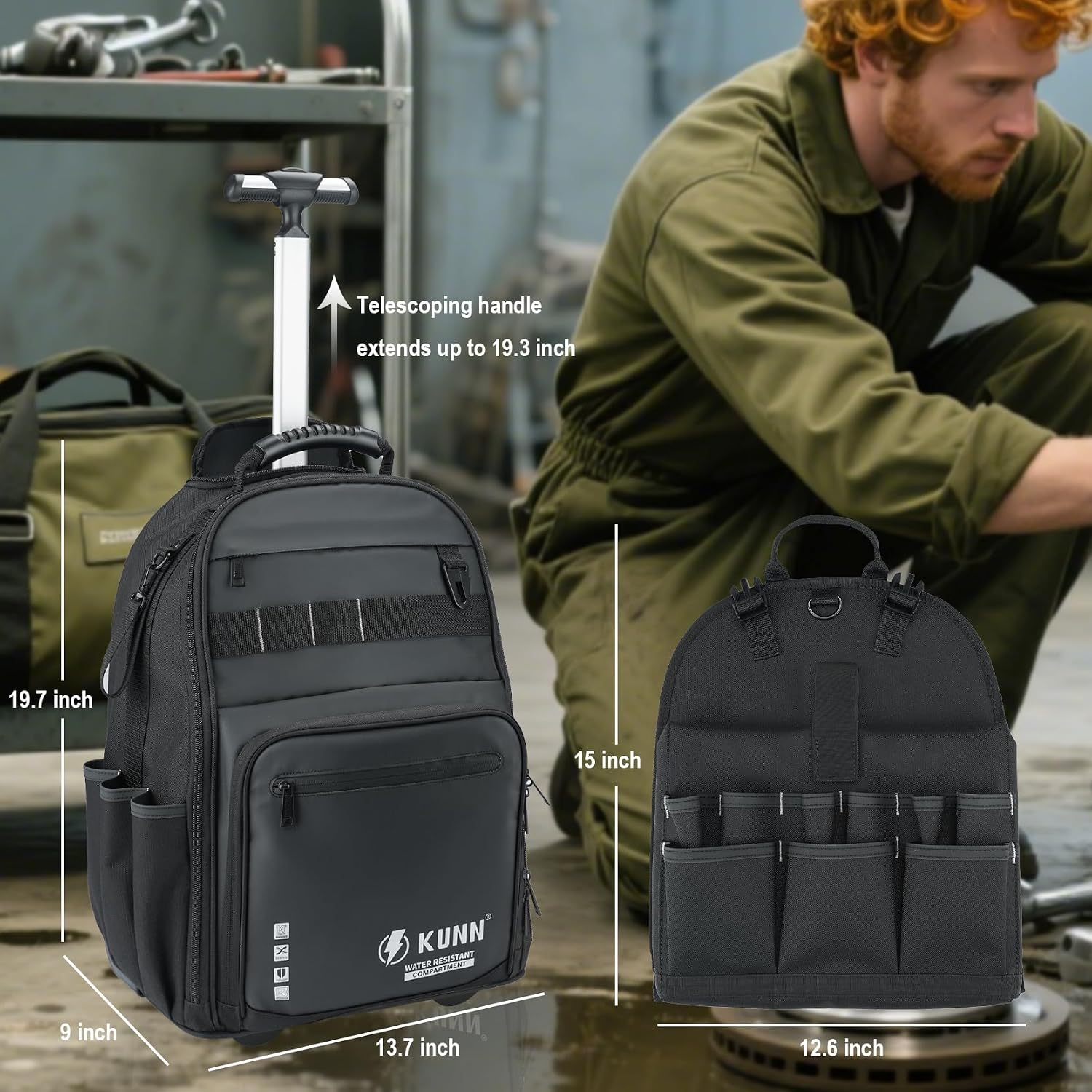 KUNN Rolling Tool Backpack with Wheels, Heavy Duty Waterproof Wheeled Tool Bag, 47 Pockets & Loops Work Backpack for Electrician Construction HVAC, Black