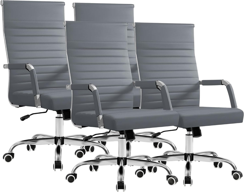 Furmax Ergonomic Office Desk Chair, Executive Ribbed Mid-Back PU Leather Conference Room Chair Adjustable Swivel Chair with Arms (4, Grey)