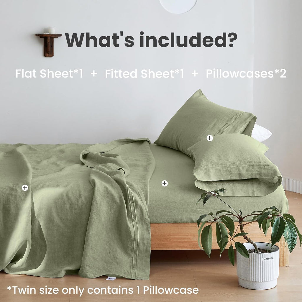 Simple&Opulence 100% Linen Sheet Set 4 Pieces Natural France Flax Bed Sheet (1 Flat Sheet, 1 Fitted Sheet, 2 Pillowcases) Breathable Luxury Hotel Bedding - Embroidery Sage Green, King Size