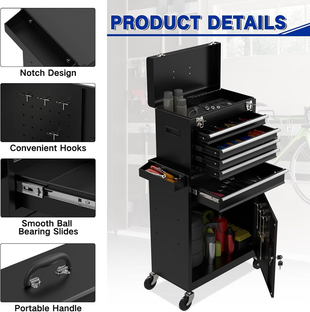 5 Drawer Tools Chest, Tool Cabinet with Universal Lockable Wheels，Tool Box with Detachable Top Box for Workshop(Black)