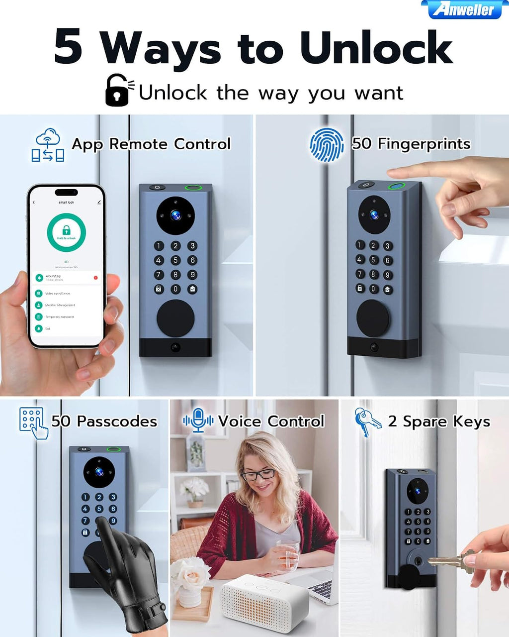 Anweller Smart Door Lock with Camera, WiFi Deadbolt with Video Doorbell, Fingerprint Biometric Electronic Keyless Entry Front Door Lock with Code Keypad for Exterior Doors, 10000mAh Battery