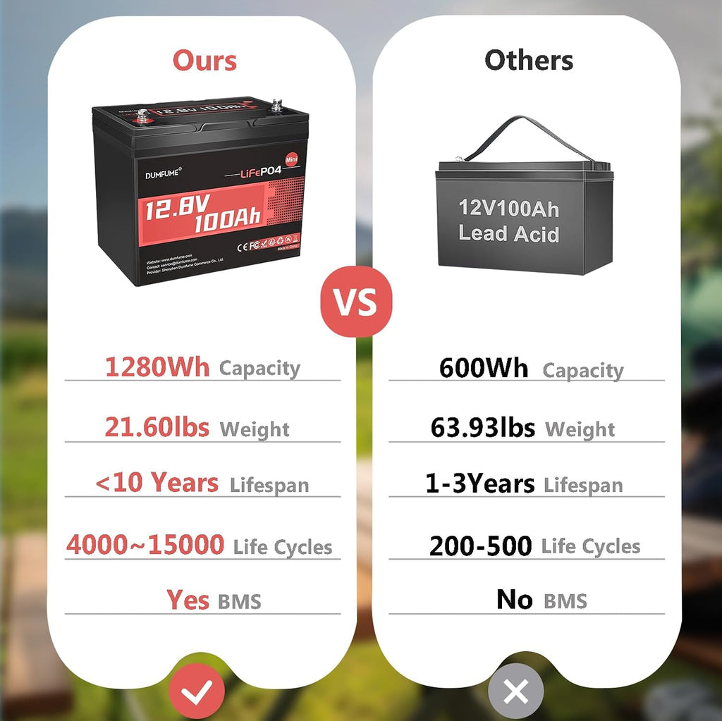 2 Pack 12V 100Ah Mini LiFePO4 Battery, Built-in 100A BMS,1280Wh Deep Cycle Rechargeable Lithium Battery 6000+ Cycles 10-Year Lifespan for RV, Solar, Off-Grid and Home Energy Storage