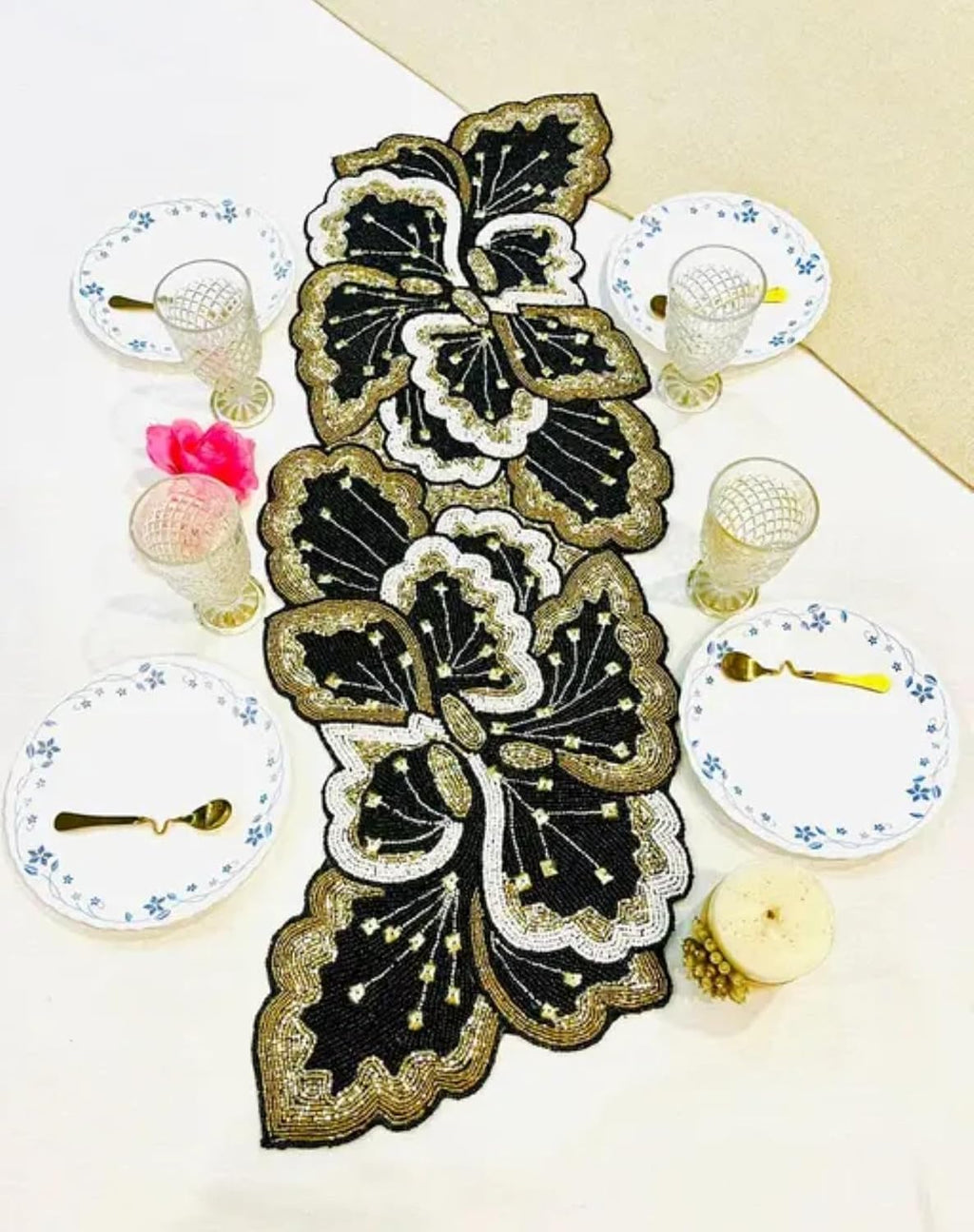 Beaded Handmade Table Runner, Black Gold White, Sequin Embellished, Floral Pattern, Elegant Dining Decor