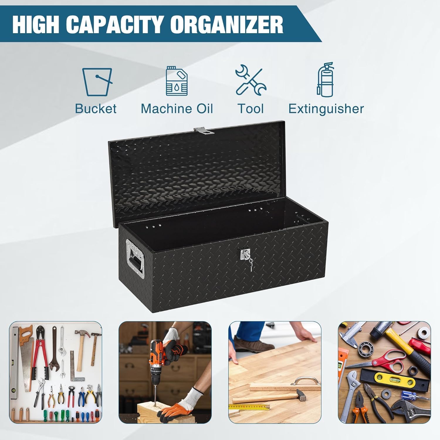 Aluminum Truck Tool Box Jobsite Storage Box Toolbox Chest Cabinet Heavy Duty Truck Bed Toolbox Gangboxes Tools Organizer Pick Up Truck Bed RV Trailer With Side Handles
