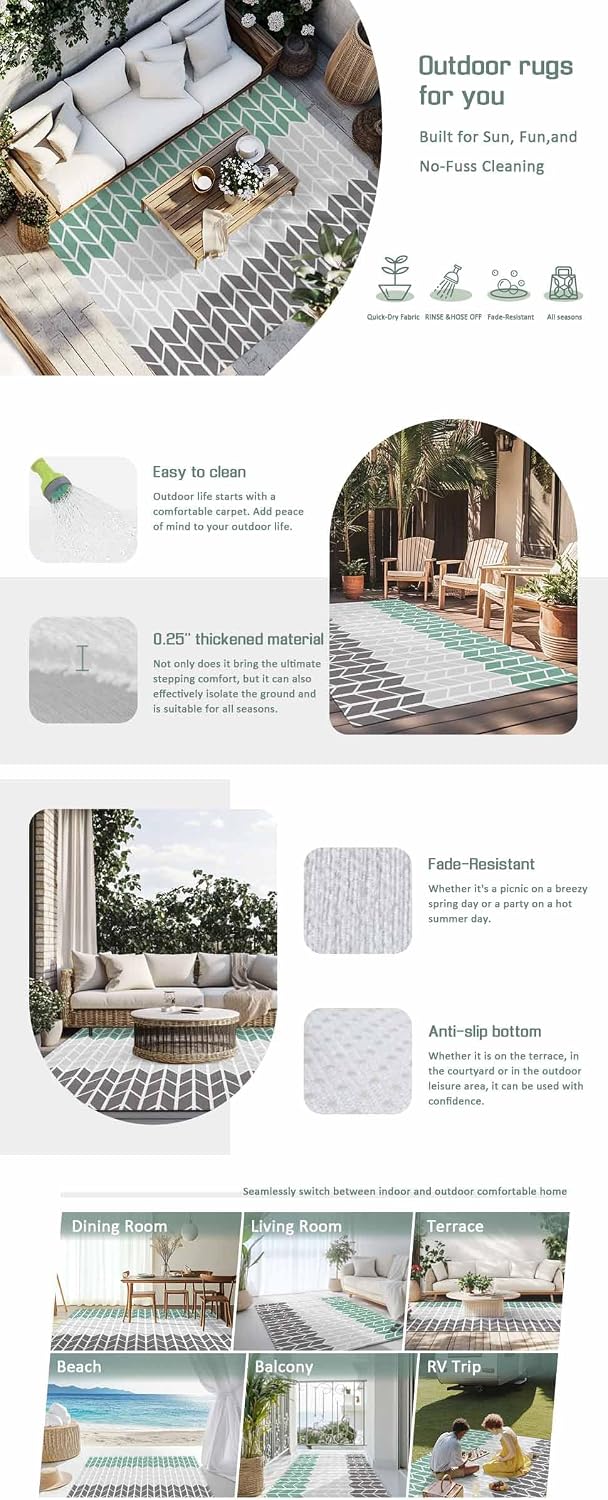 Outdoor Rug 4x6ft Grey Teal Stripe Buffalo Check Geometric Art Patio Area Rugs Waterproof Easy Cleaning Non Shedding Thick Mats Herringbone Carpet for Indoor Outdoor Porch Deck Backyard Balcony