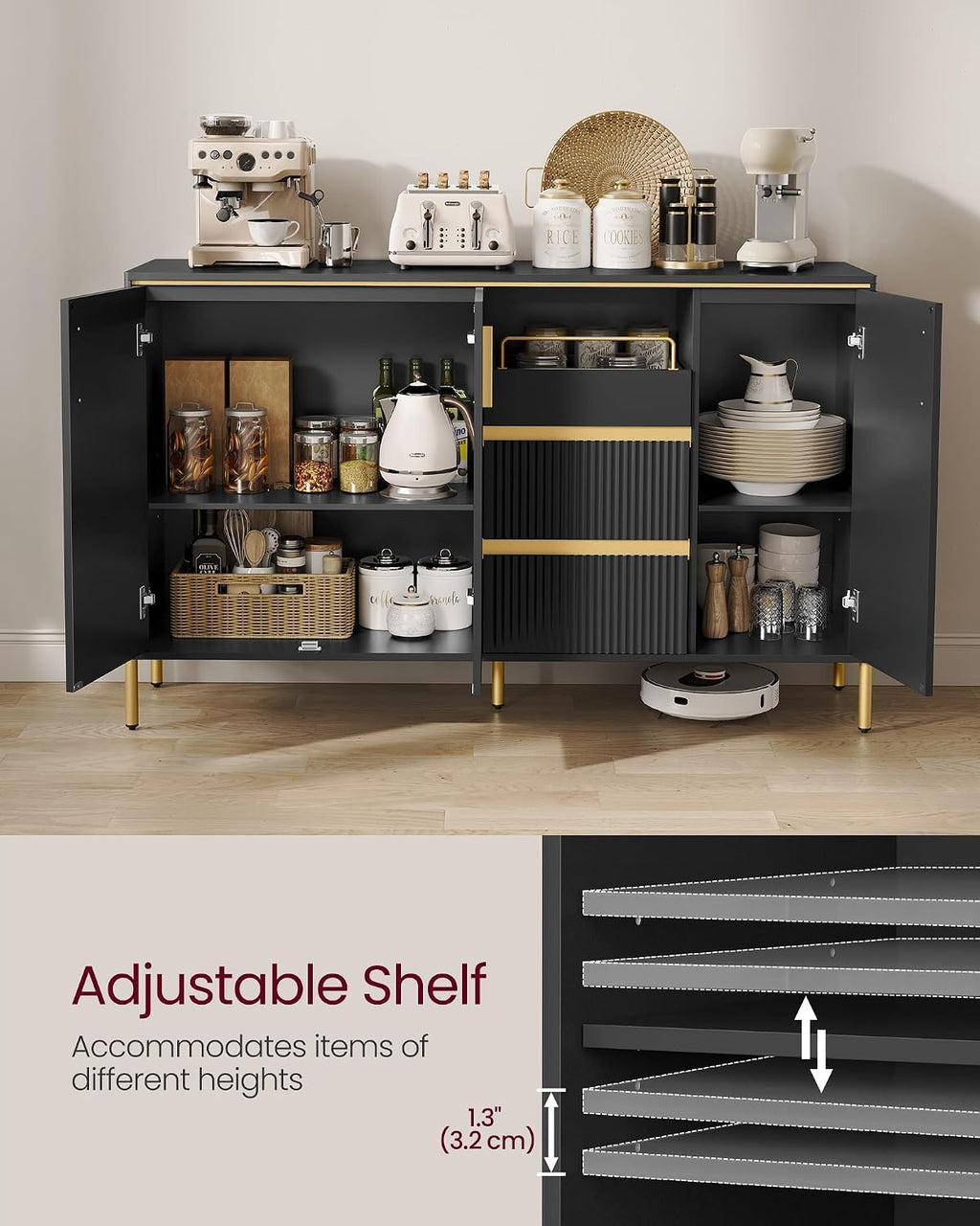 VASAGLE Buffet Cabinet with Storage, Sideboard, Kitchen Cabinet with Drawers, Adjustable Shelf, Fluted Drawer Front, for Living Room, Modern, Ink Black UBBC691B01