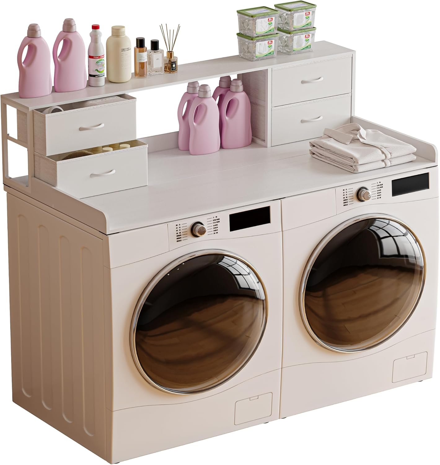 Unionly Washer and Dryer Countertop, 27.5' D x 53.9' W x 12.9' H Solid Wood Washer and Dryer Countertop with Organizer Shelves with Four Drawers for Laundry Room Organization (White)