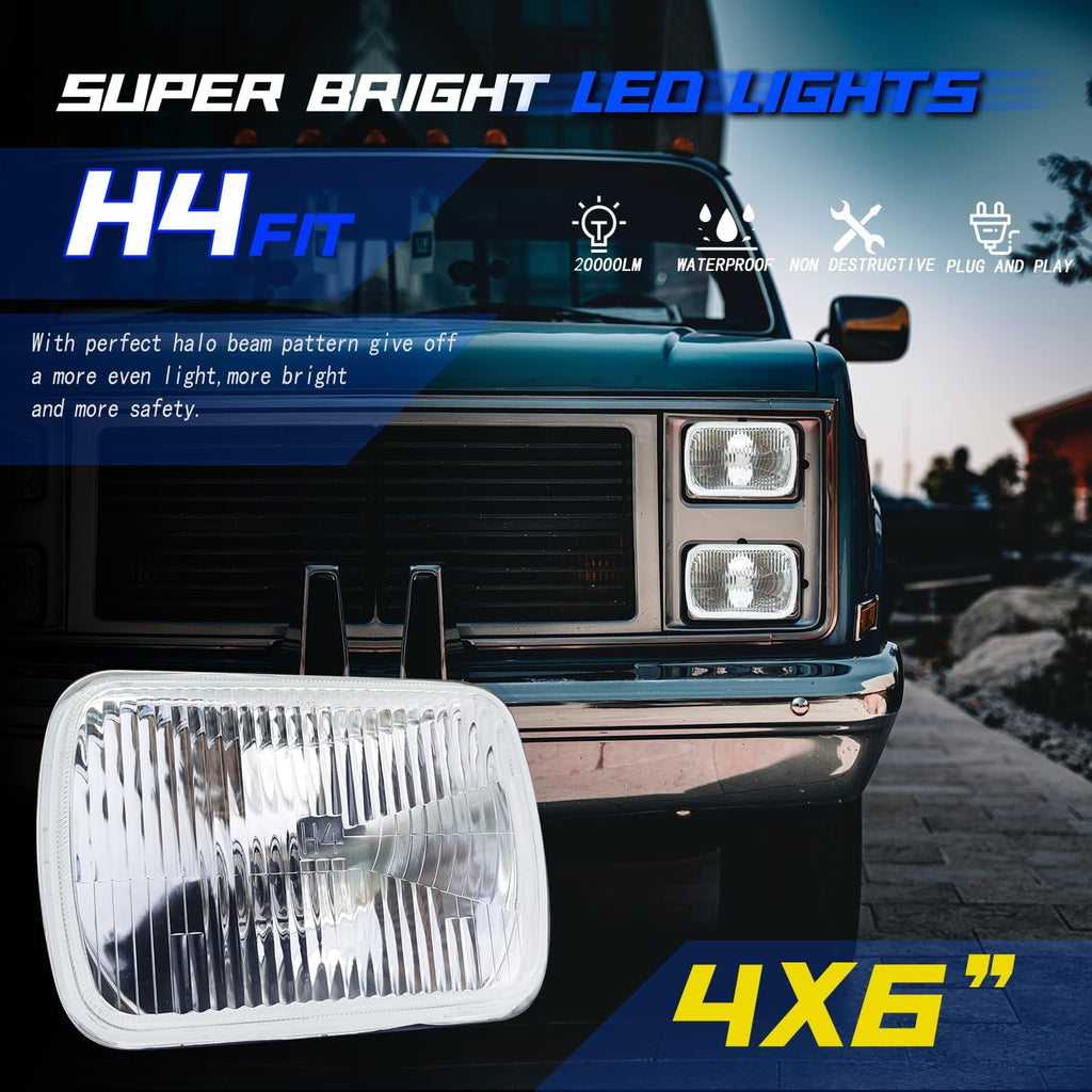 For Chevrolet Monte Carlo SS 1980 1981 1982 1983 1984 1985 1986 1987 1988, 4x6 inch Rectangular Hi-Low Sealed Beam Lights,With 4 pcs H4 6000K White LED Light Bulbs, with Adapter,8-Pack