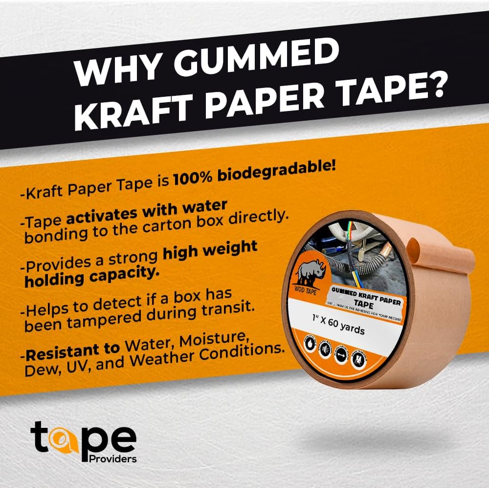 WOD WATWTH Eco-Friendly Brown Gummed Kraft Paper Tape - 3 inch x 450 ft. (Pack of 10) Shipping Tape Water Activated for Packing Boxes, Shipping, & Sealing