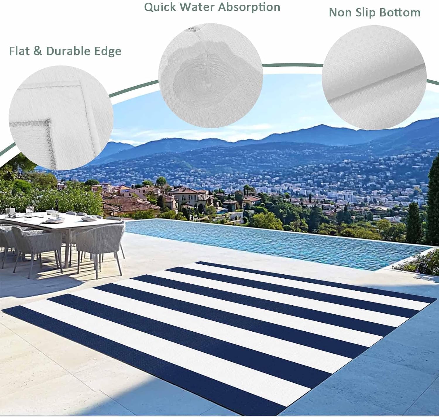 Outdoor Rug 4x6ft Nautical Striped Navy Blue and White Patio Area Rugs Waterproof Easy Cleaning Non Shedding Thick Mats Stripes Carpet for Indoor Outdoor Porch Deck Backyard Balcony