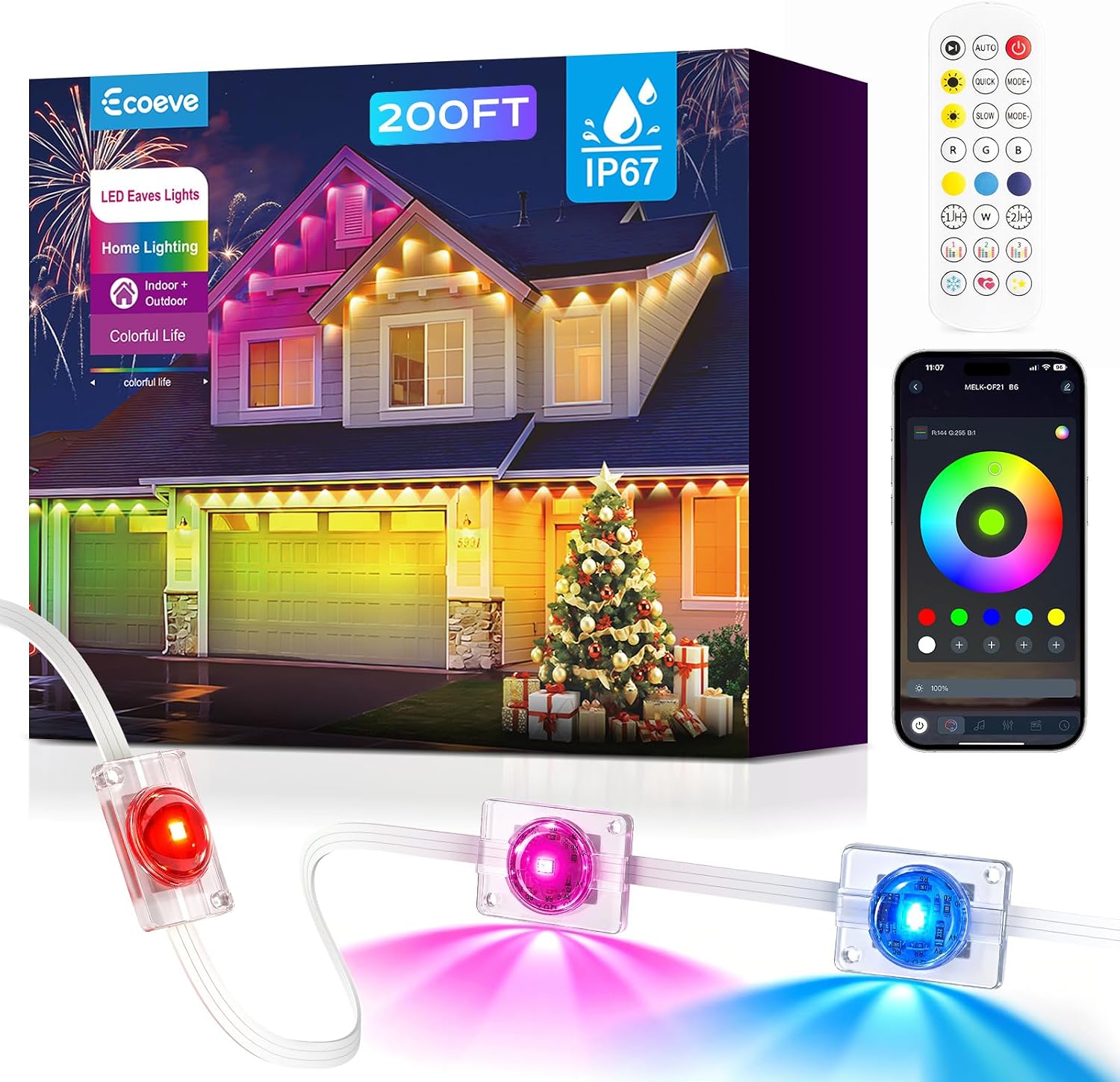 Permanent Outdoor Lights for House,200ft RGB+IC Lights with 16 Million Colors & 50 Scene Modes, App/Remote Control, IP67 Waterproof, DIY Music Sync, for Christmas, Holiday & Party Decor