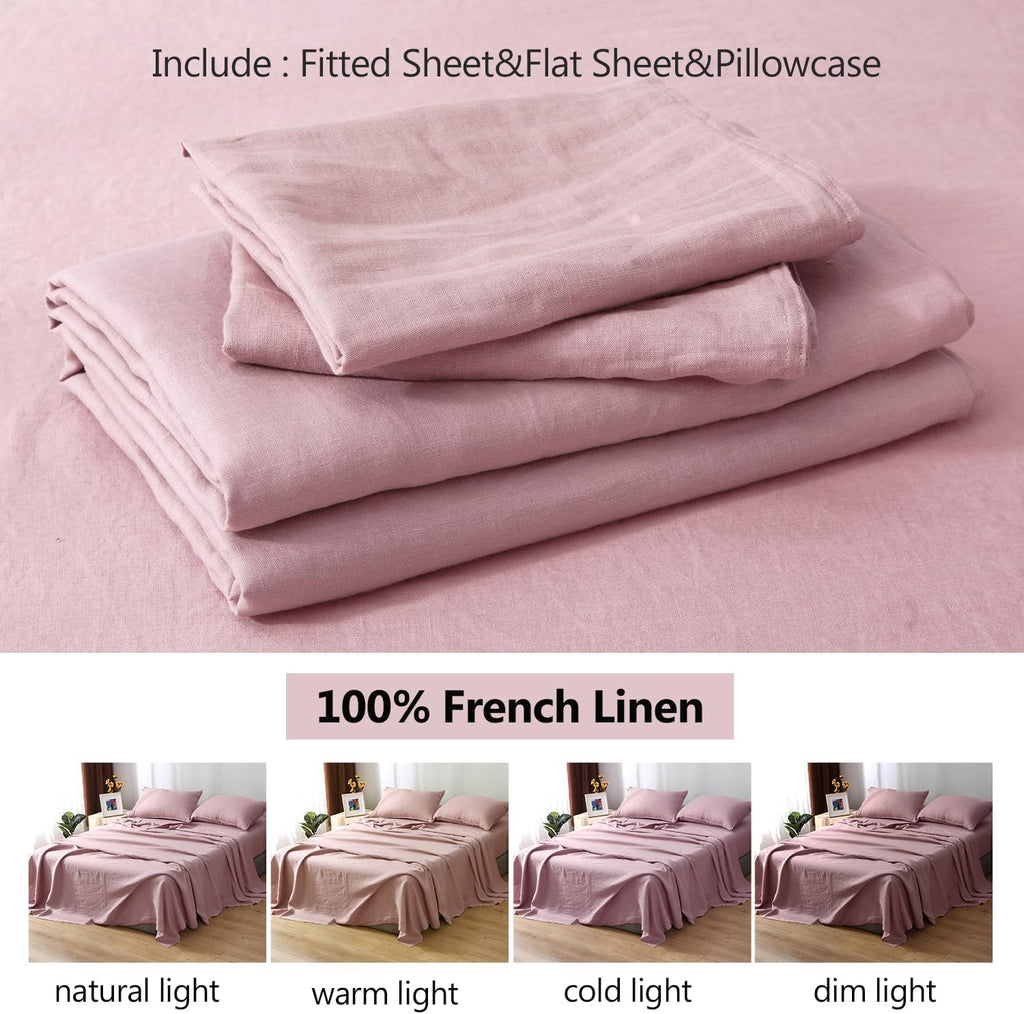 S VICTORY SYMBOL Organic Linen Sheets Set,100% French Natural Linen Bedding,Ultra Soft Luxurious Stone Washed Flax Bed Sheets 4 Pieces (Pink Lavender,Full)
