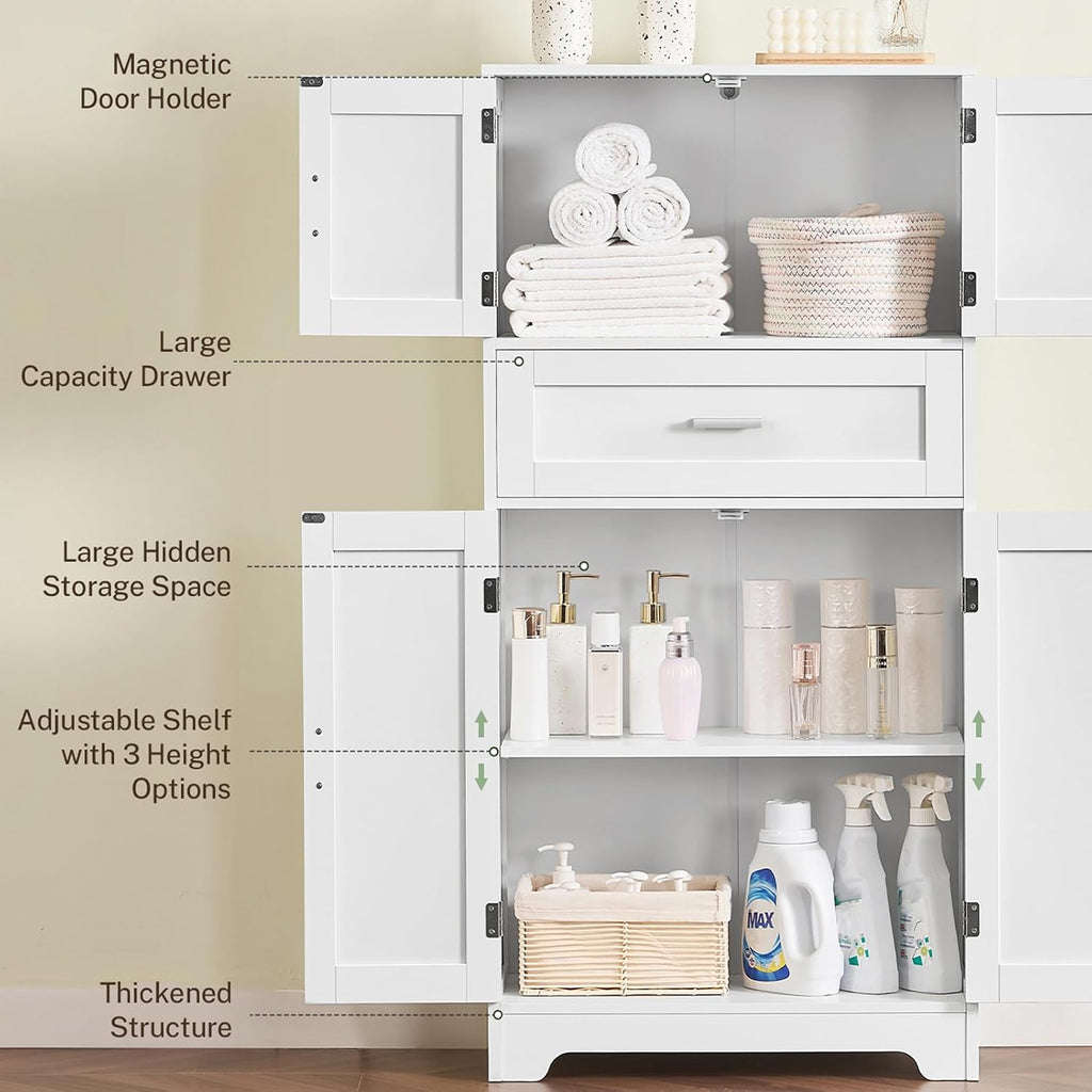 TEENFON Bathroom Storage Cabinet with Adjustable Shelf & Large Drawer, Tall Storage Cabinet with 4 Doors, Kitchen Pantry Storage Cabinets, for Living Room, Dining Room, Home Office, Entryway, White