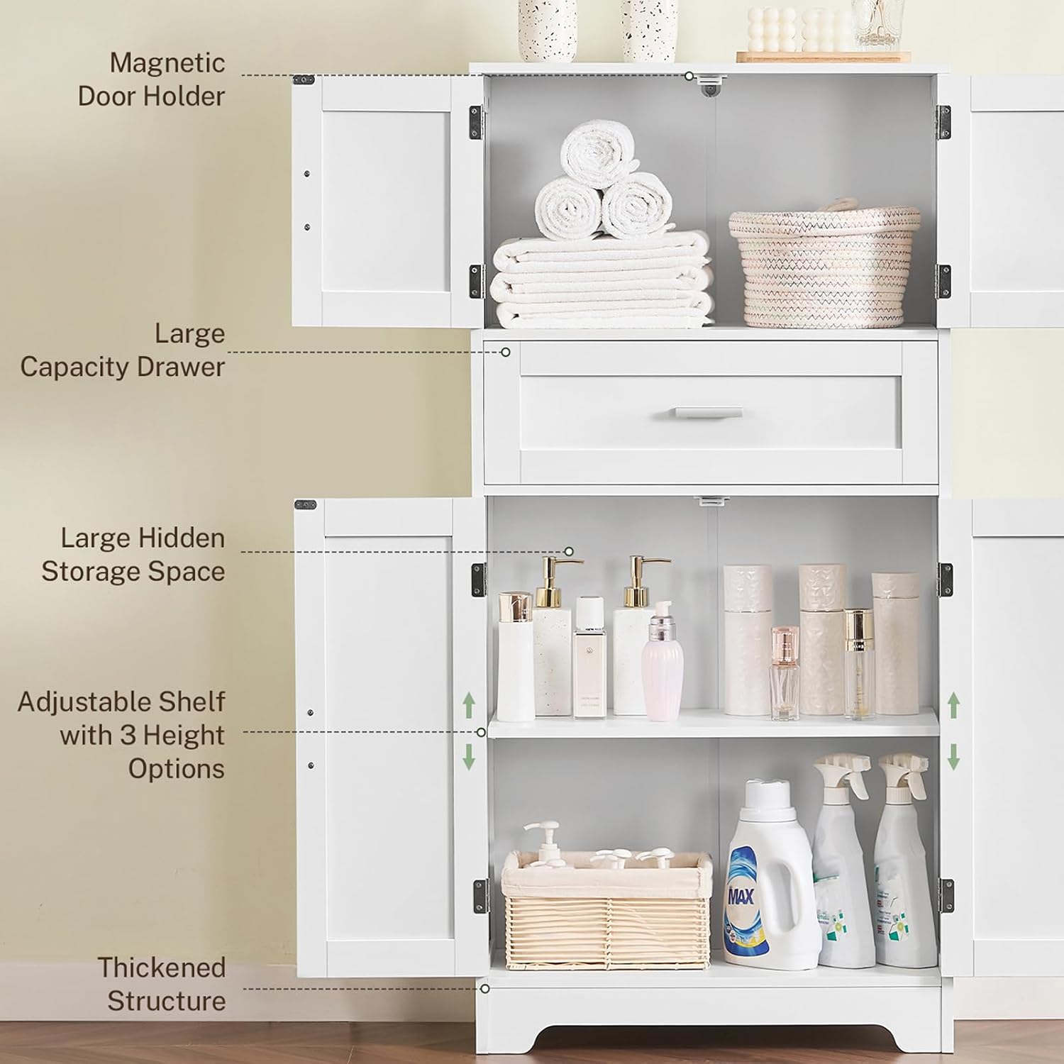 TEENFON Bathroom Storage Cabinet with Adjustable Shelf & Large Drawer, Tall Storage Cabinet with 4 Doors, Kitchen Pantry Storage Cabinets, for Living Room, Dining Room, Home Office, Entryway, White