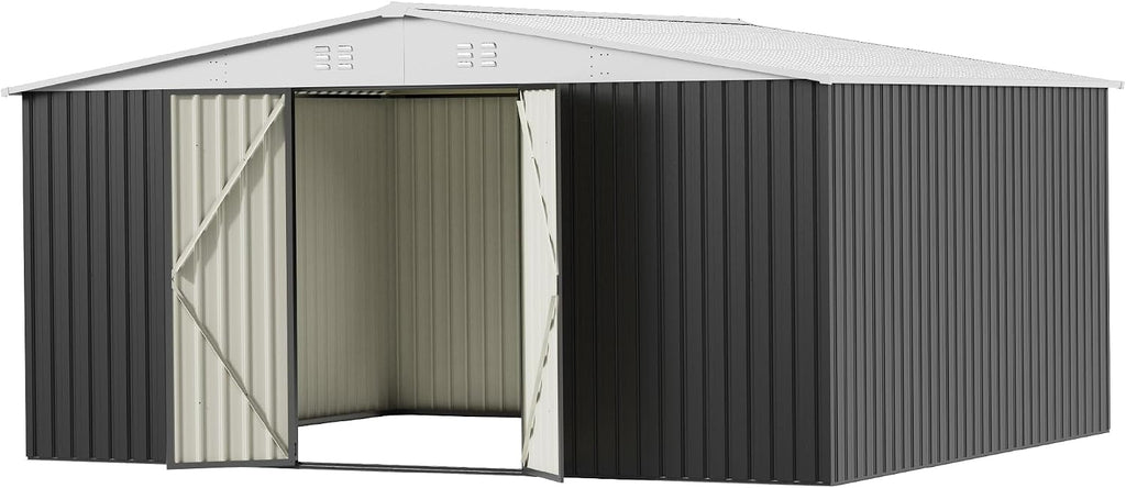 14 x 12FT Outdoor Storage Shed, Metal Waterproof Storage Shed Steel Utility Garden Tool Shed with Door & Lock Outdoor Storage,All-Weather Shelter for Bike, Gardening Tools, Lawn Mowers,White