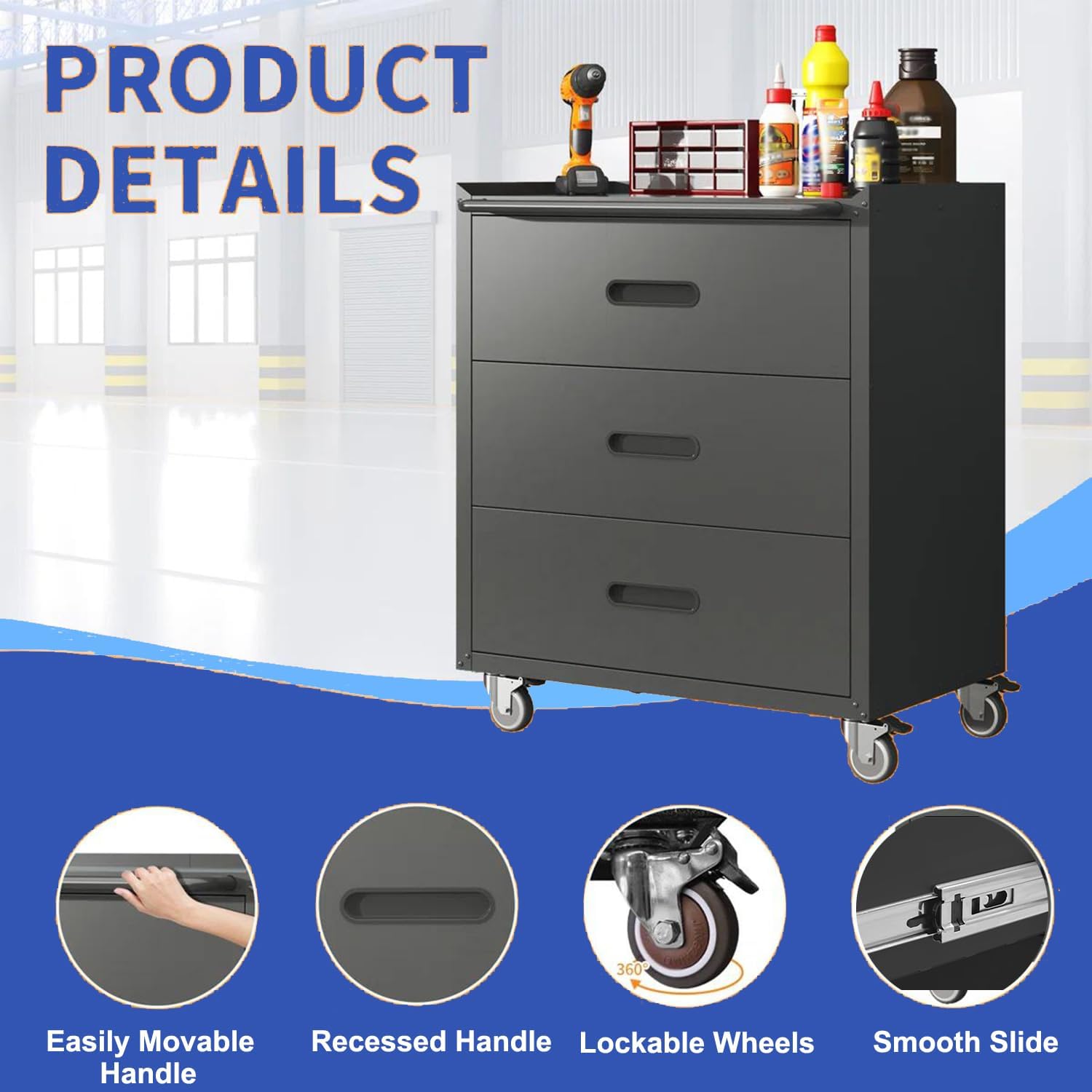IKIMI 3 Drawer Mobile Tool Storage Cabinet,Heavy Duty Rolling Tool Chest for Garage Organization,Metal Storage Cabinets on Wheels,Assembly Required