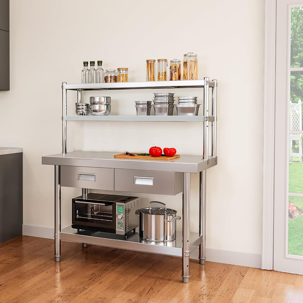 YITAHOME 48' × 24' Stainless Steel Table with Overshelves and 2 Drawers, NSF Worktable with 48' X 12' Shelf & 2 Drawers, Metal Prep Workstation for Home Kitchen Restaurant Garage Warehouse