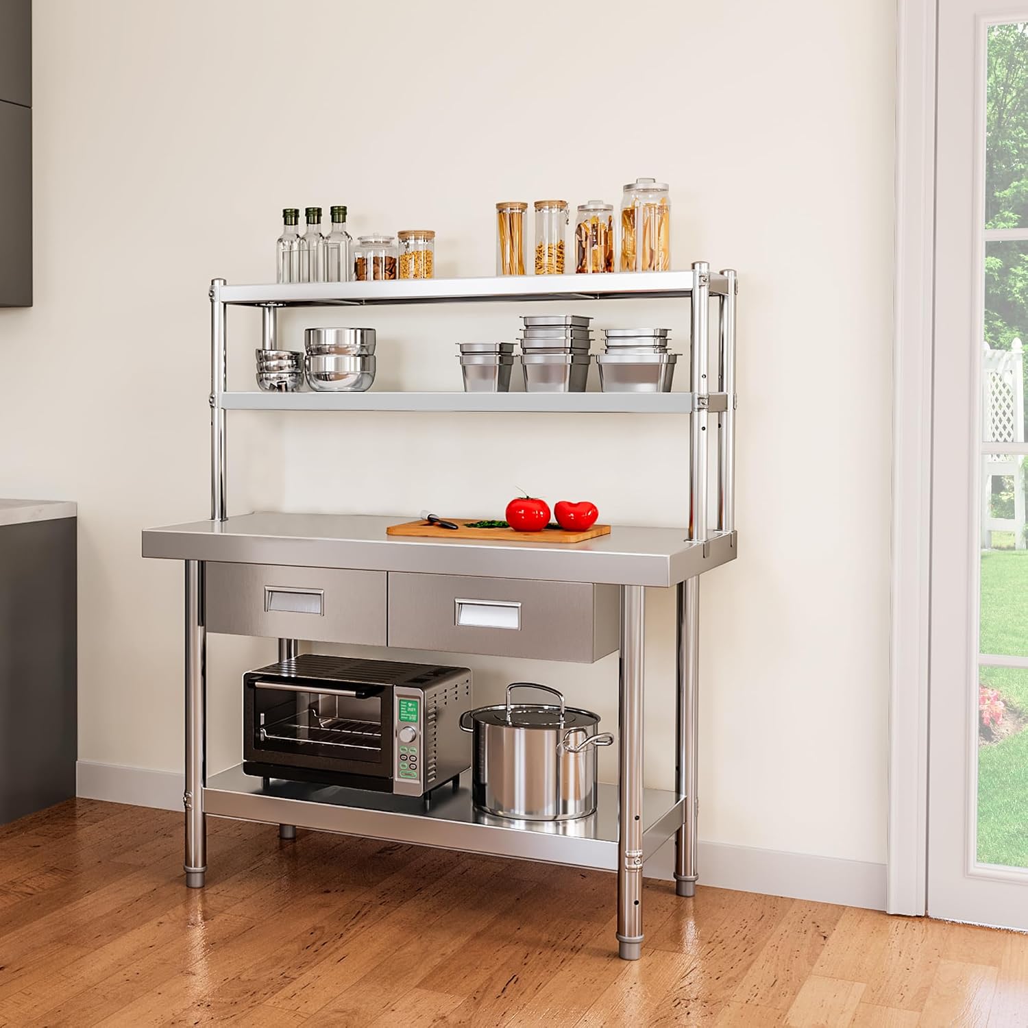 YITAHOME 48' × 24' Stainless Steel Table with Overshelves and 2 Drawers, NSF Worktable with 48' X 12' Shelf & 2 Drawers, Metal Prep Workstation for Home Kitchen Restaurant Garage Warehouse