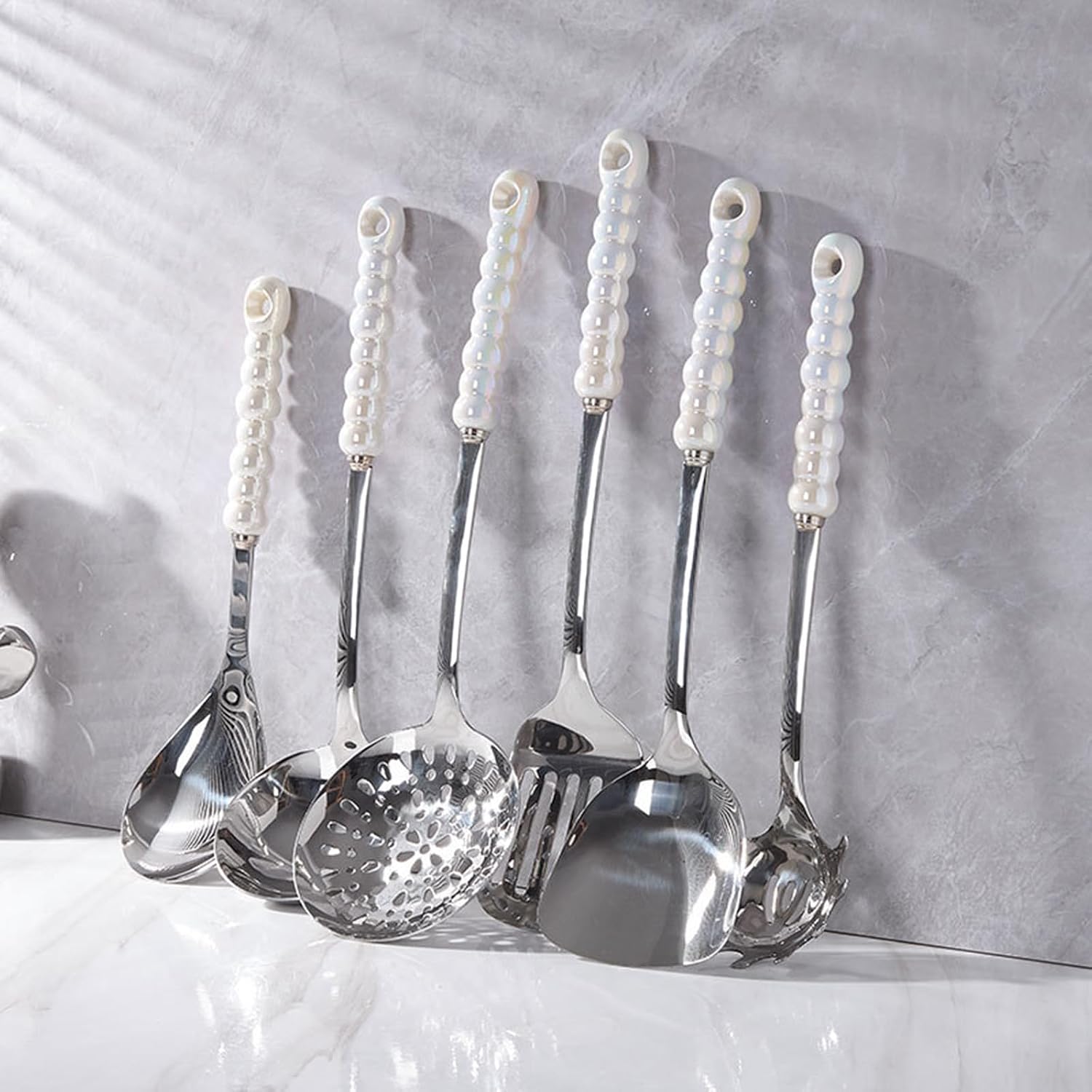 Kitchen Cooking Utensils Set Stainless Steel with Holder 7 Pcs High-Grade Metal Kitchenware Set Utensils with Heat Resistant Ceramic Handle BPA Free Dishwasher Safe, Silver