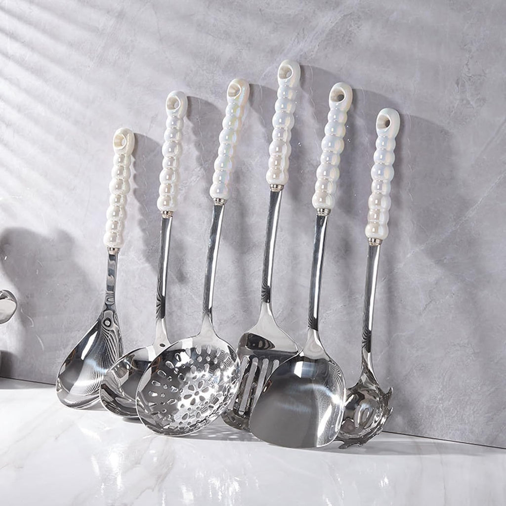 Kitchen Cooking Utensils Set Stainless Steel with Holder 7 Pcs High-Grade Metal Kitchenware Set Utensils with Heat Resistant Ceramic Handle BPA Free Dishwasher Safe, Dazzle