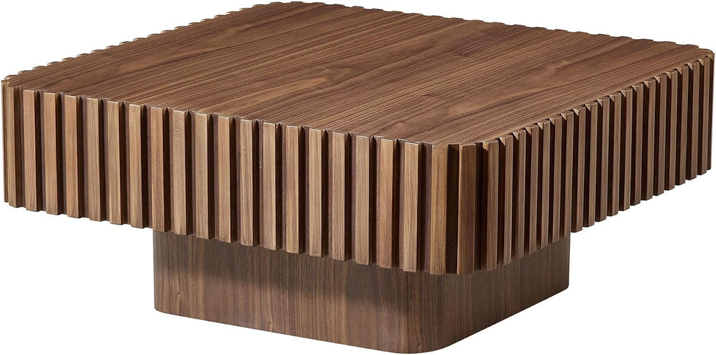31.49'' Square Coffee Table Set of 2 for Living Room, Modern Wood Drum Pedestal Flute Embossment Coffee Table, Easy Assembly (Walnut, 2-Pcs)