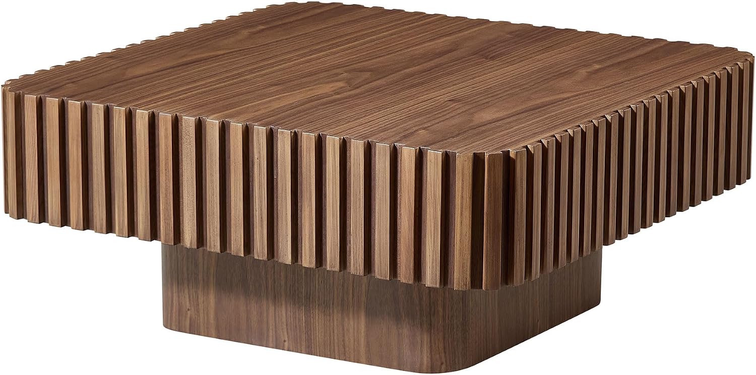 31.49'' Square Coffee Table Set of 2 for Living Room, Modern Wood Drum Pedestal Flute Embossment Coffee Table, Easy Assembly (Walnut, 2-Pcs)