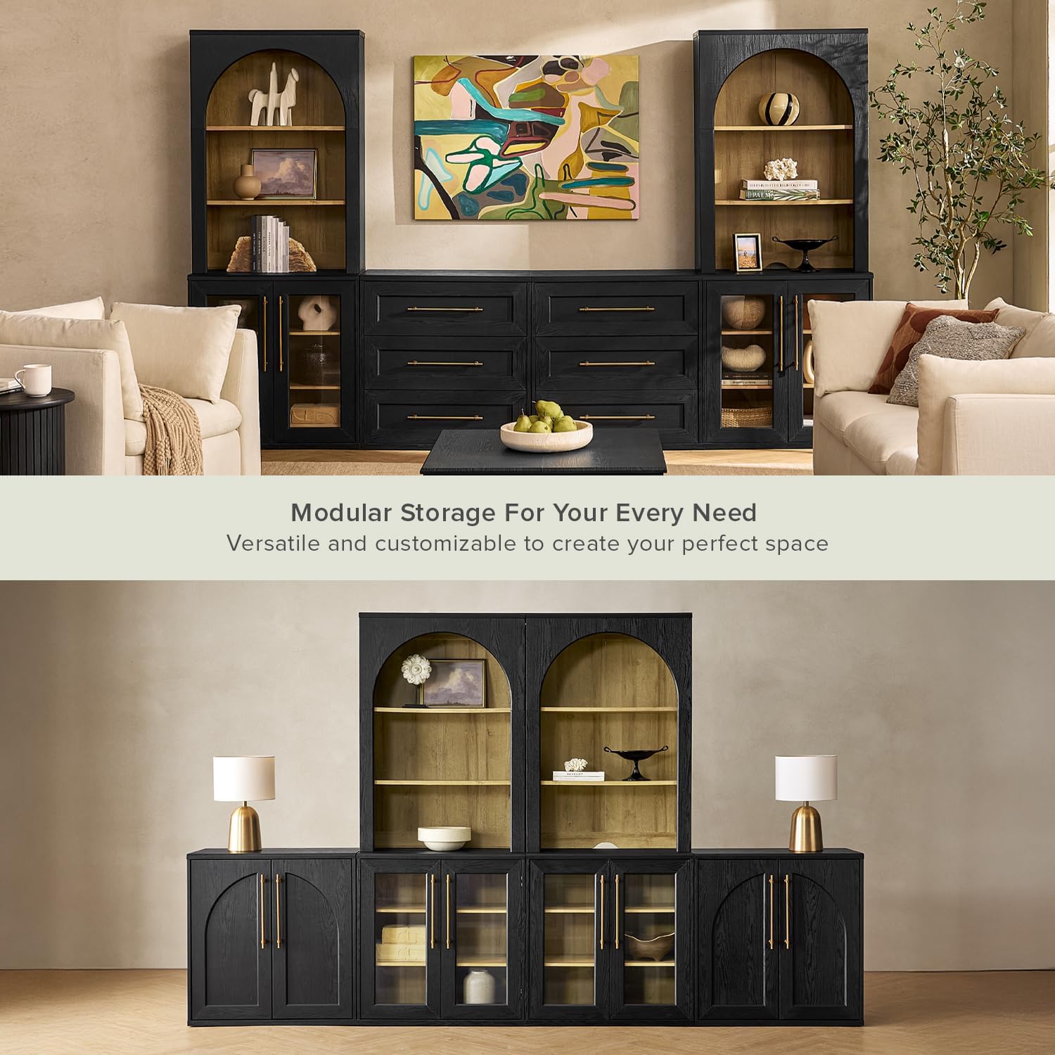 mopio Blake Tall Display Cabinet, Kitchen Buffet Pantry Cupboard, Trophy Display Case, Storage Cabinet Scratch Resistant Acrylic, Modern Farmhouse Curio Organizer (Black Oak Acrylic Hutch, Single)