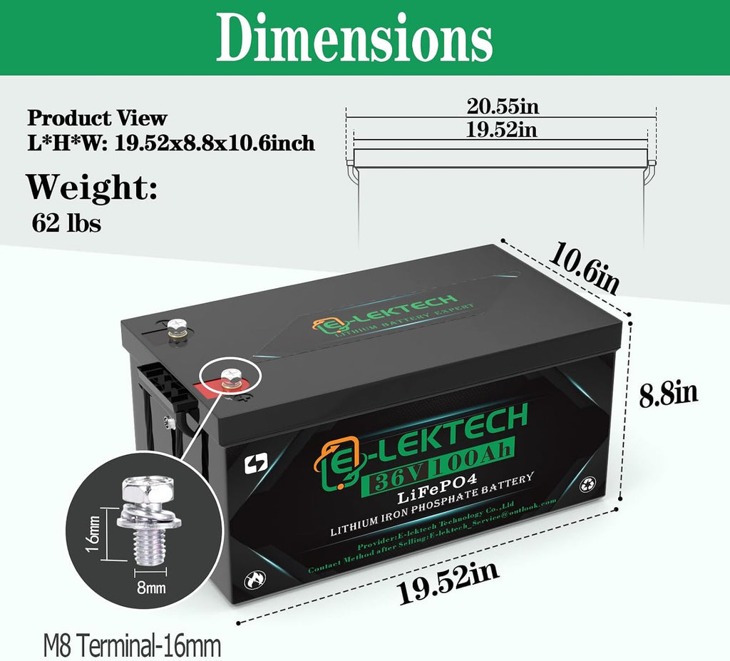 36V 100Ah Golf Cart LiFePO4 Lithium Battery, 8000+ Deep Cycles, 200A BMS, 3840Wh Energy, Perfect for Off-Grid, RV, Solar Power System, Home Backup