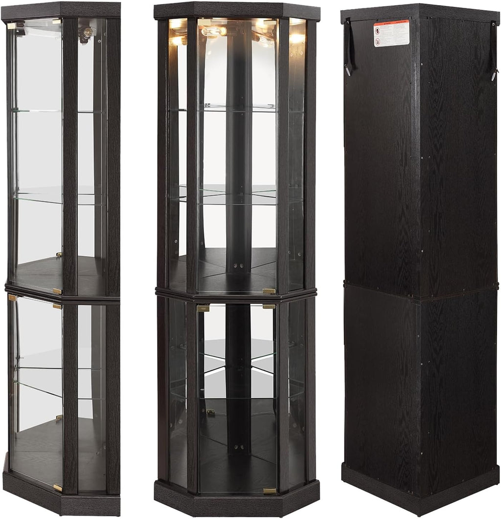 69' H Lighted Corner Display Cabinet, 5-Tier Wooden Curio Glass Cabinet with Adjustable Shelves & Glass Door, Corner Storage Display Case with Mirrored Back Pane for Living Room (Black)