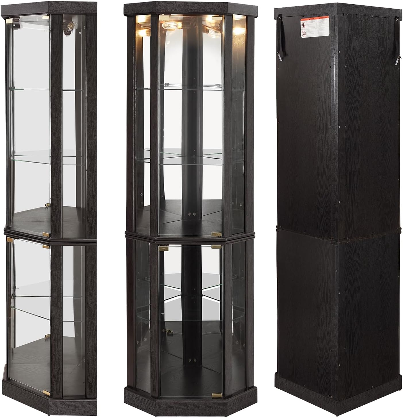 69' H Lighted Corner Display Cabinet, 5-Tier Wooden Curio Glass Cabinet with Adjustable Shelves & Glass Door, Corner Storage Display Case with Mirrored Back Pane for Living Room (Black)