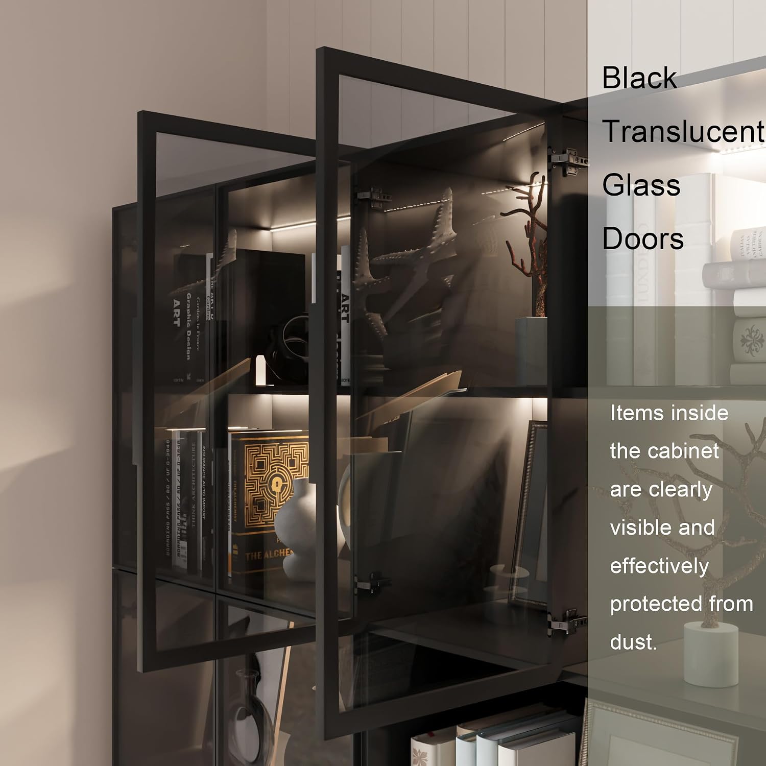 Mekminop Bookcase with Glass Doors and RGB Led Lights, Combination Display Cabinet with 19 Shelves, Modern Glass Display Case Set of 3, Black