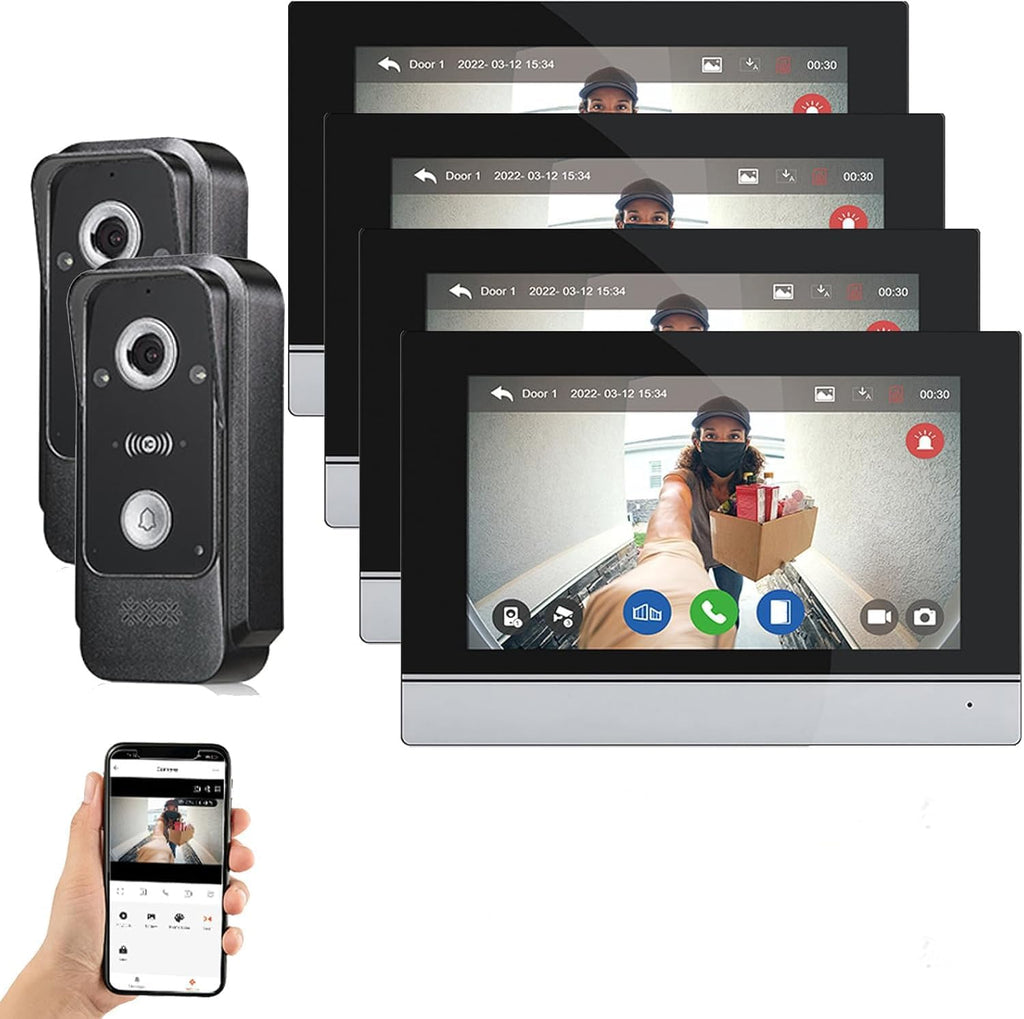 Wired Video Intercom System Tuya WiFi 7 Inch Touch Screen 1080P Doorbell Intelligent Tuya APP Intercom Kit with 3 in 1 Unlock Motion Detection,Anti-Tamper Alarm,32G (2 Bell+4 Monitor)