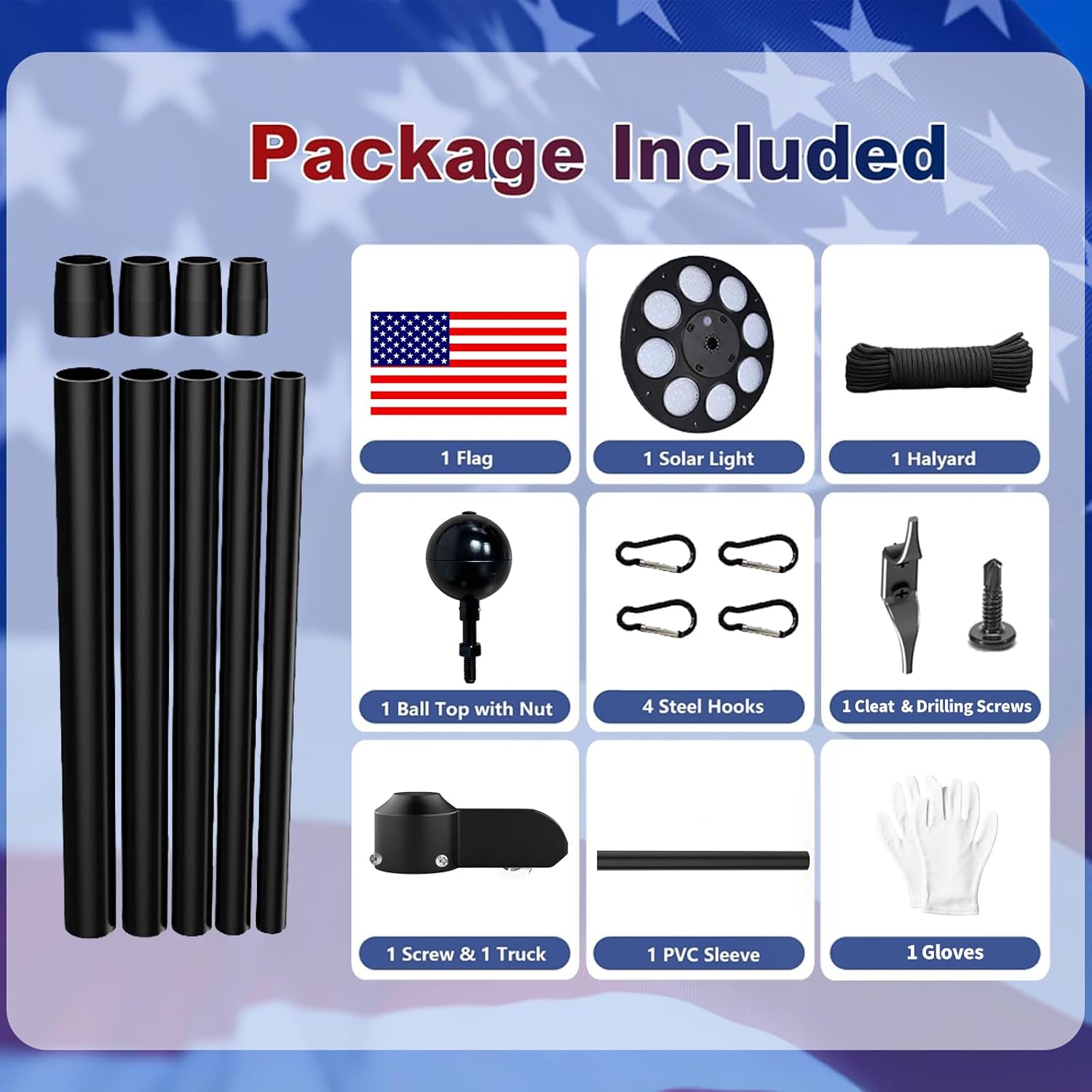 MXQMKL 9 Gauge 20FT Heavy Duty Solar Flagpole Kit,Flag Pole for Outside House in Ground 3mm Thick Aluminum Flagpoles with 136 LED Light & 3x5 American Flag for Outdoor 120MPH Wind Tested,Black
