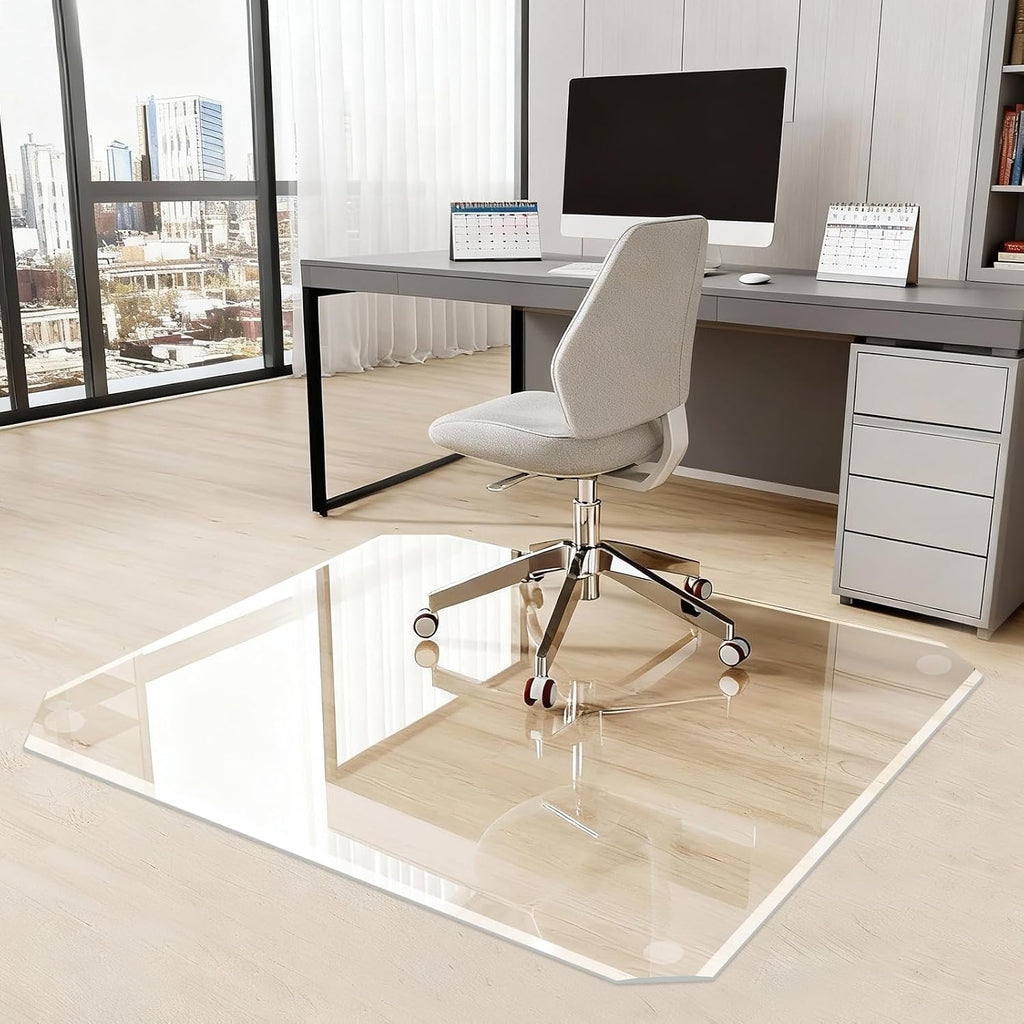Tempered Glass Chair Mat with Patented Beveled Edge, 46'x55' 1/5' Thick Office Floor Mat for Carpet & Hardwood, w/ 12 Anti-Slip Pads