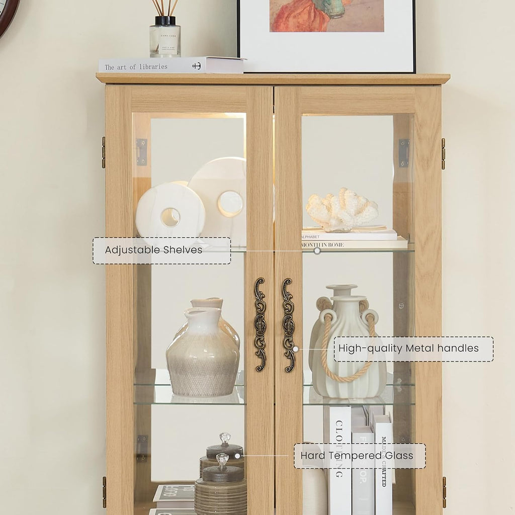 47' Lighted Glass Accent Curio Cabinet, 3-Tier Antique Storage Cage with Adjustable Shelves & Drawer, Acrylic Mirrored Pane, Light Blub Included, Small China Cabinet for Living Room (Light Oak)