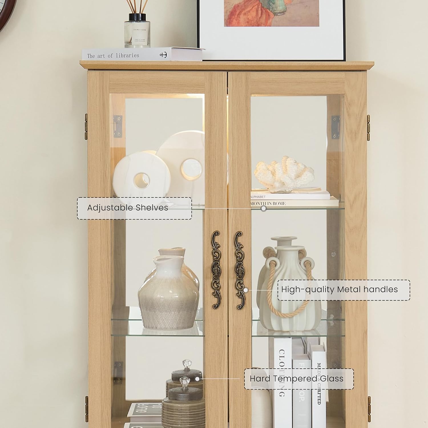 47' Lighted Glass Accent Curio Cabinet, 3-Tier Antique Storage Cage with Adjustable Shelves & Drawer, Acrylic Mirrored Pane, Light Blub Included, Small China Cabinet for Living Room (Light Oak)