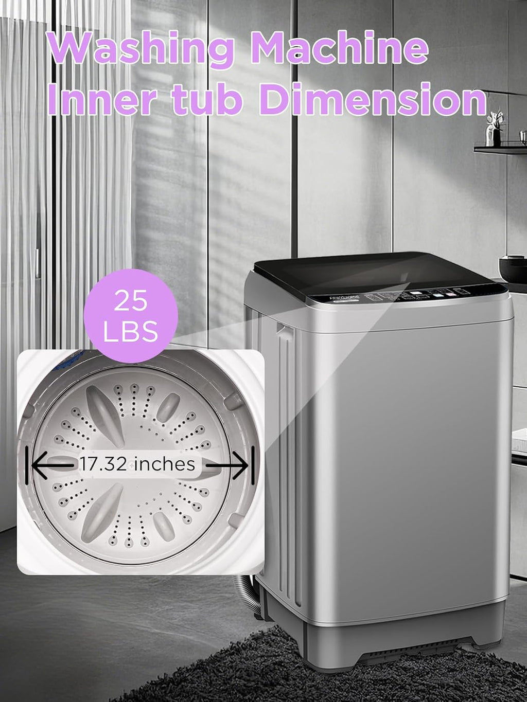 F.W.WOOLWORTHS 25 Lbs Full Automatic Washing Machine with Drain Pump, 10 Wash Programs 8 Water Levels, 9 KG Washer with LED Display for Dorm, Apartment, Home, Grey