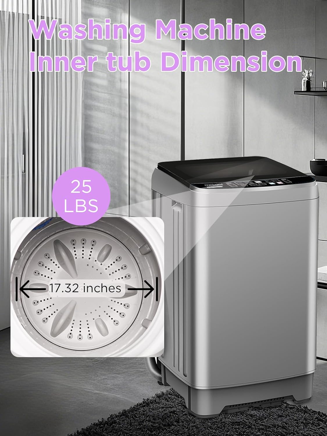 F.W.WOOLWORTHS 25 Lbs Full Automatic Washing Machine with Drain Pump, 10 Wash Programs 8 Water Levels, 9 KG Washer with LED Display for Dorm, Apartment, Home, Grey
