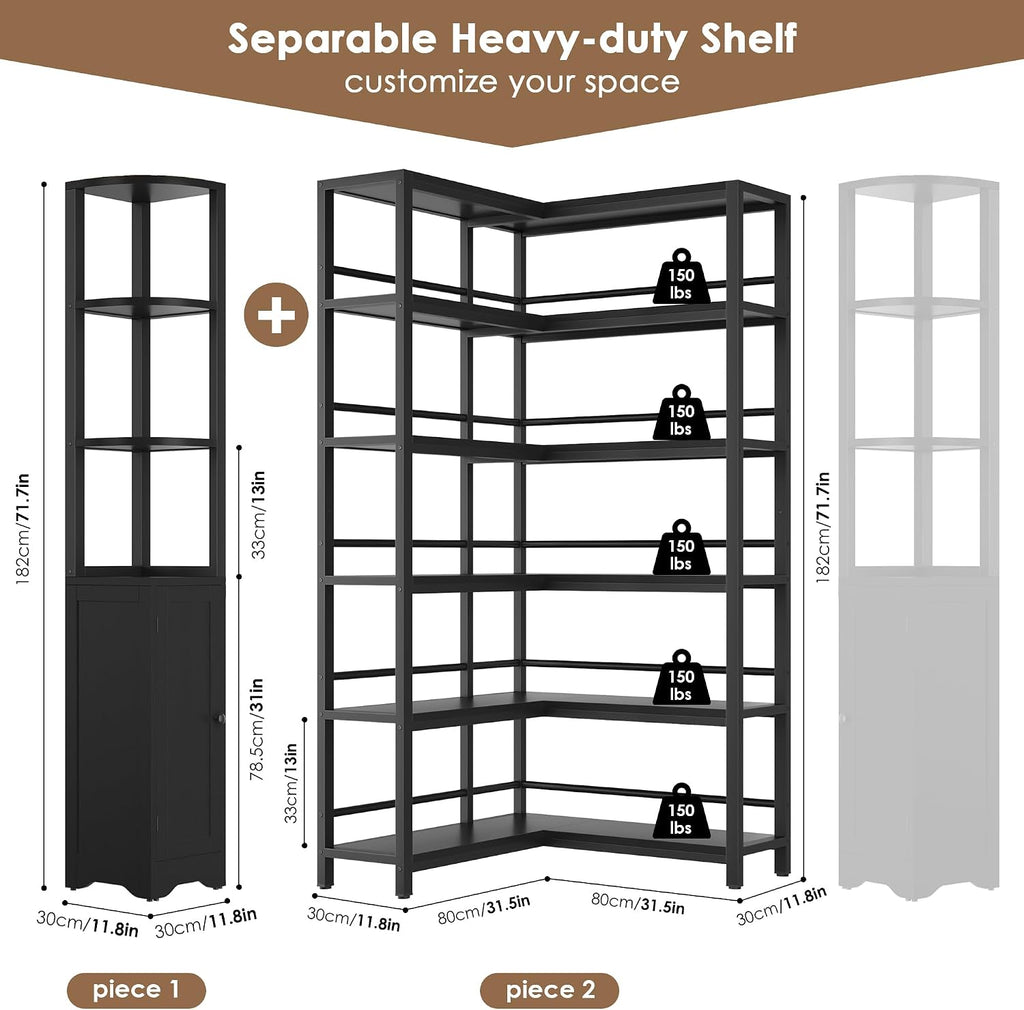 Keyluv Black Corner Bookshelf 72' Tall Corner Book Shelves Cases 2 Pieces Open Bookcase Large Storage Display Shelf Standing 6 Tier Shelving Unit with Cabinet for Home office Living Room, Wood & Metal