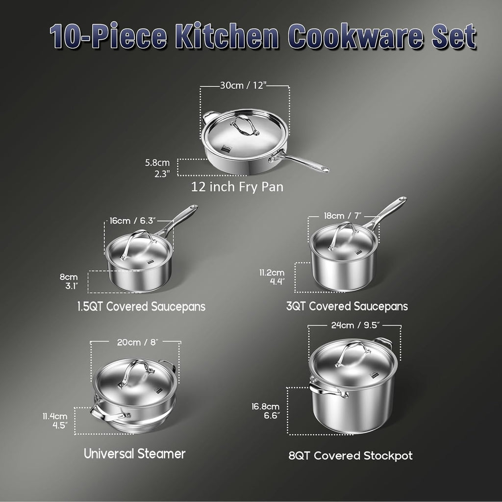 Cooks Standard Multi-ply Clad Stainless Steel Cookware Set, Includes Saucepans, Steamer, Stockpot, Frying Pans with Lids, Induction Compatible, Dishwasher Safe, Oven Safe, 10-Piece