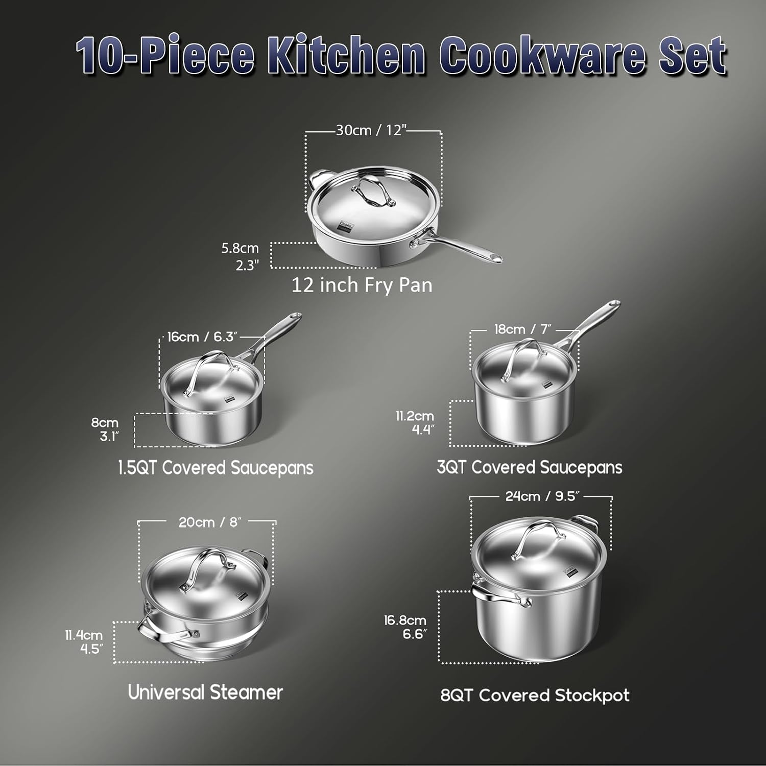Cooks Standard Multi-ply Clad Stainless Steel Cookware Set, Includes Saucepans, Steamer, Stockpot, Frying Pans with Lids, Induction Compatible, Dishwasher Safe, Oven Safe, 10-Piece