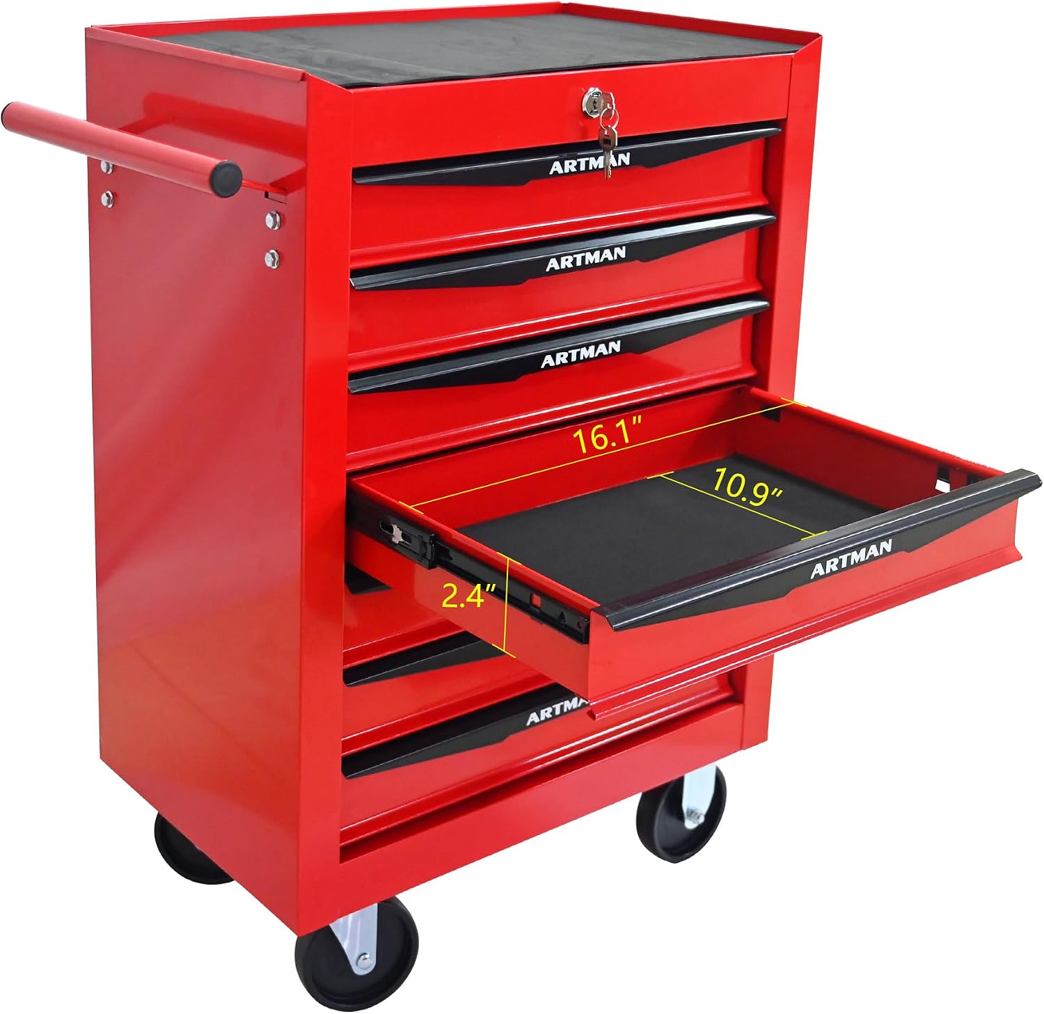 Rolling Tool Chest Cart with 7 Drawers,Storage Tool Cabinet on 4 Wheels. Lockable Tool Cart with Drawer Liners.Steel Tool Box Organizer for Garage,Repair Workshop-Red